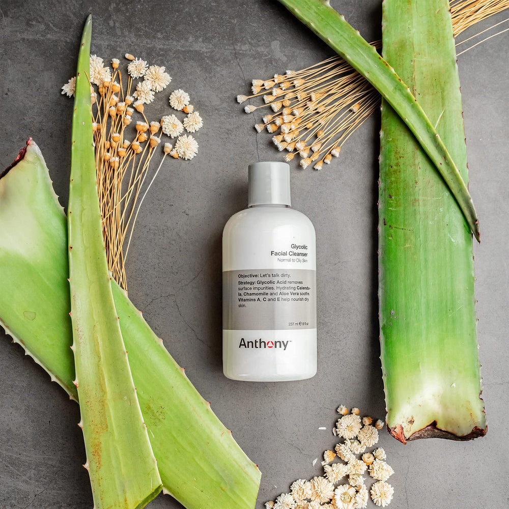 Close-up of Anthony Glycolic Facial Cleanser exfoliating dead skin gently.