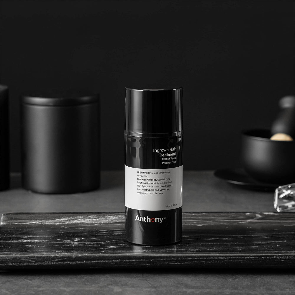 Anthony Ingrown Hair Treatment label closeup highlights exfoliation and soothing ingredients.