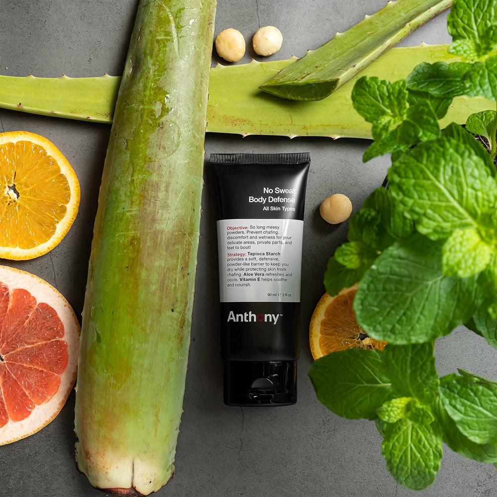 Anthony No Sweat ingredient close-up featuring aloe vera and macadamia oil.