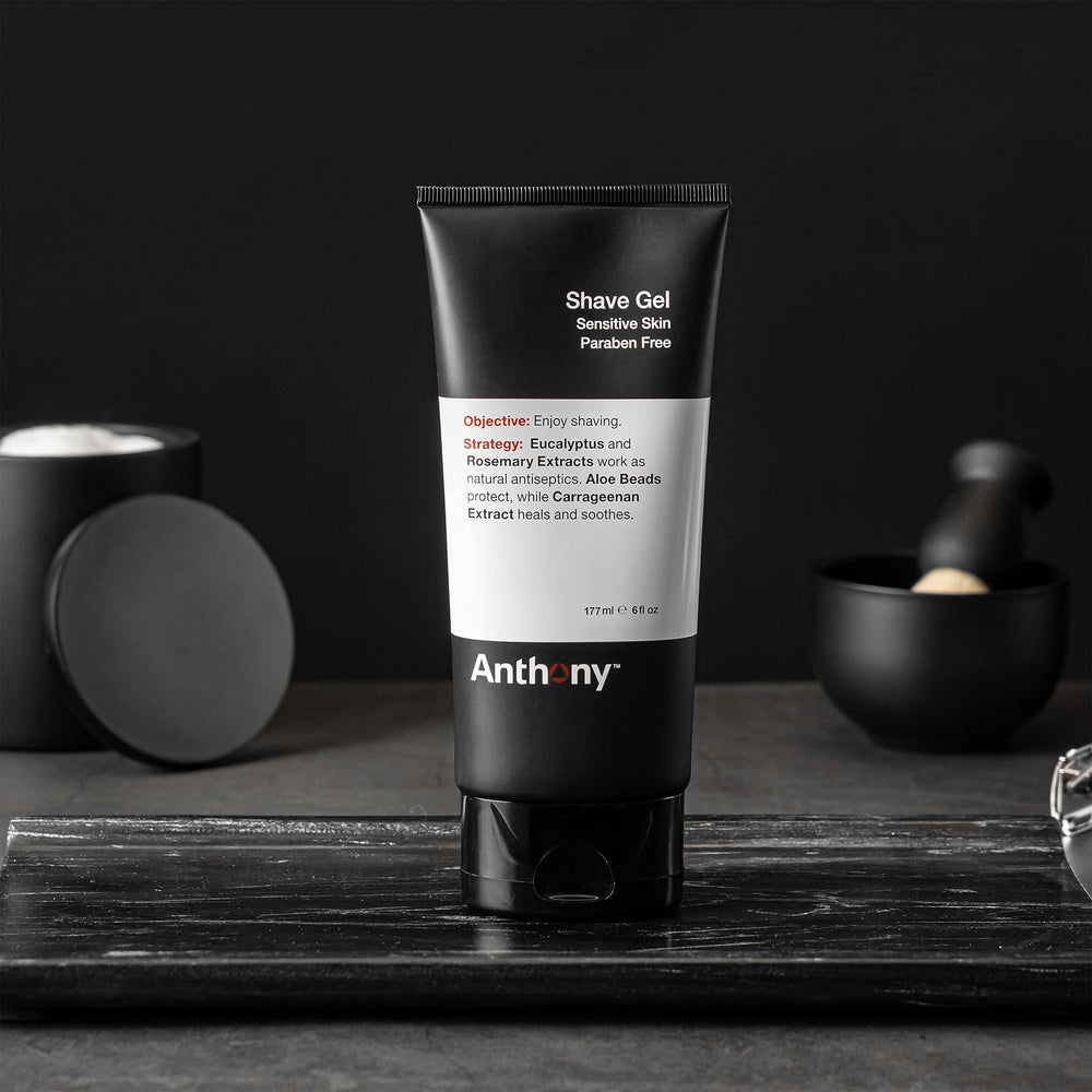 Anthony Shave Gel application closeup showing precision glide on sensitive skin