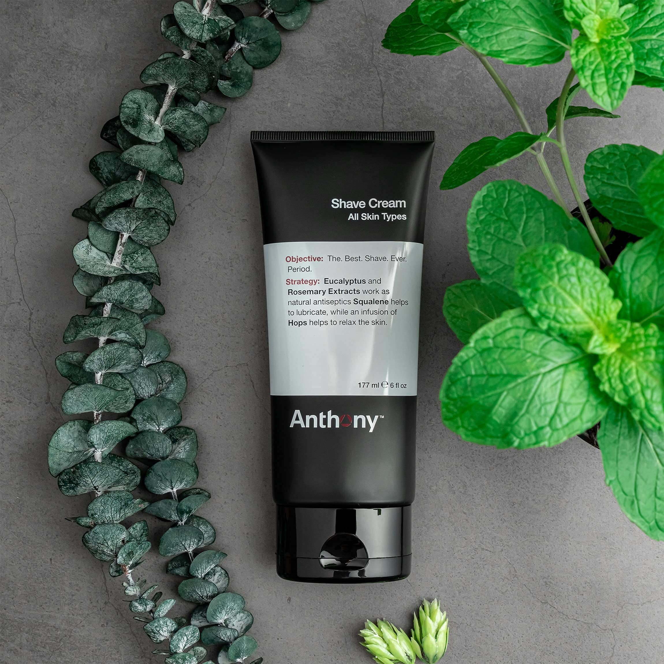 Anthony shaving cream sensitive skin squalane-oil bottle detail highlights moisture for comfort.