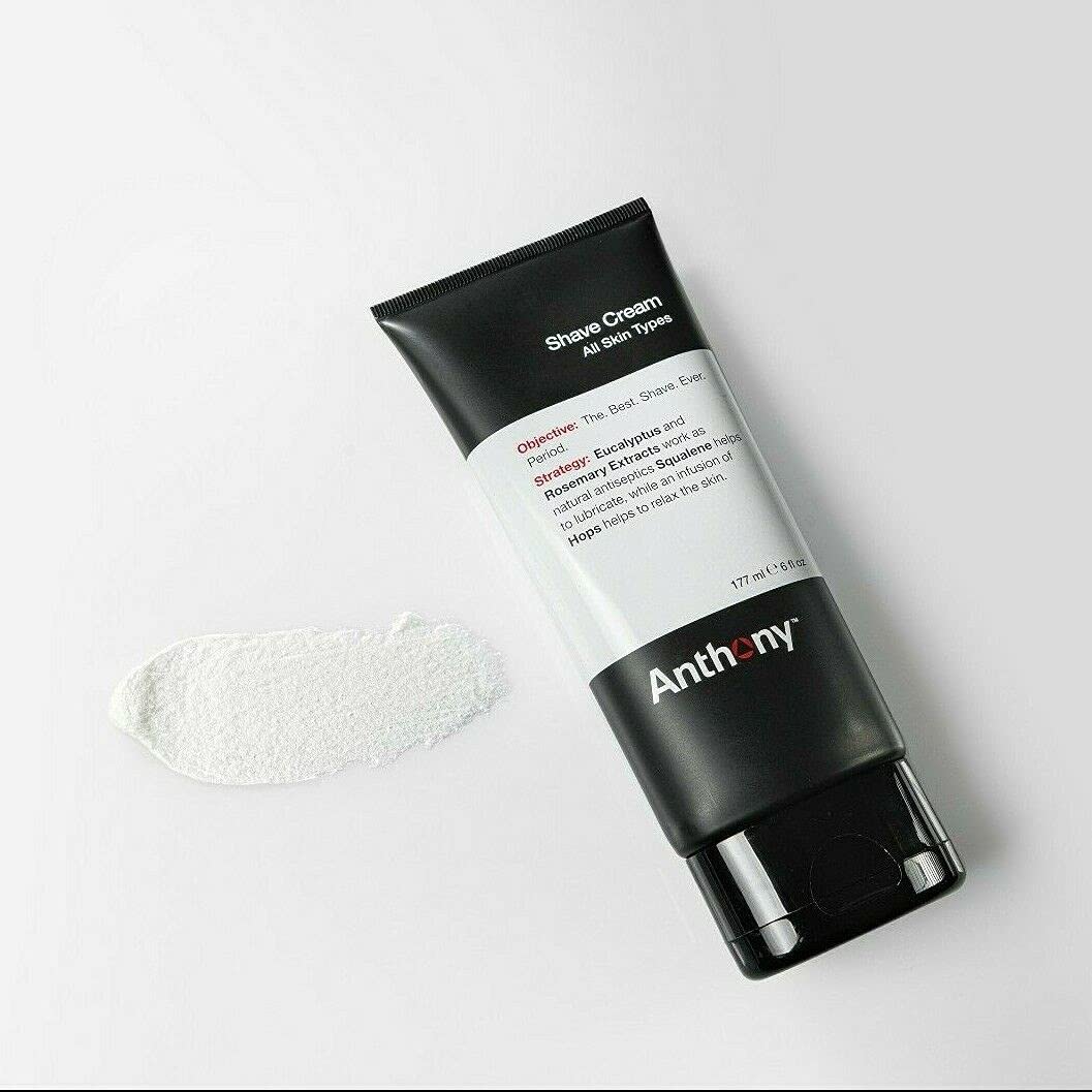 Anthony shaving cream sensitive skin tube-packaging product shot emphasizes portability.
