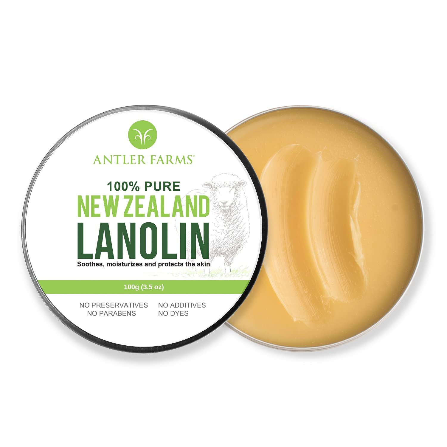 Antler Farms Lanolin 100g jar close-up showing silky hydration.