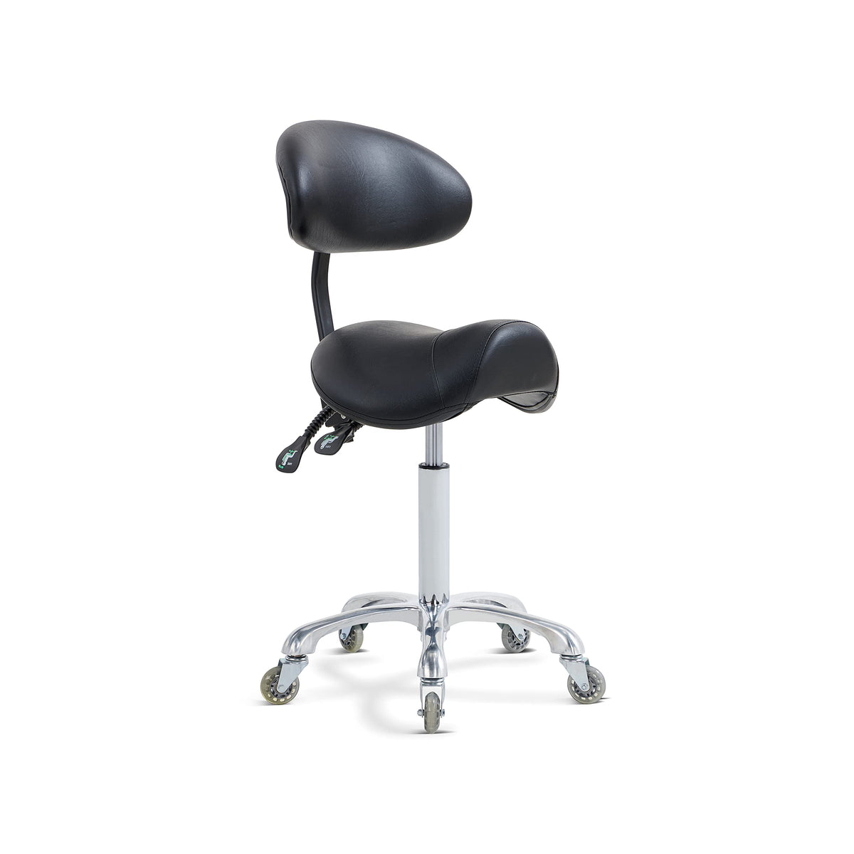 Antlu saddle stool with back support shown for ergonomic seating in busy salons