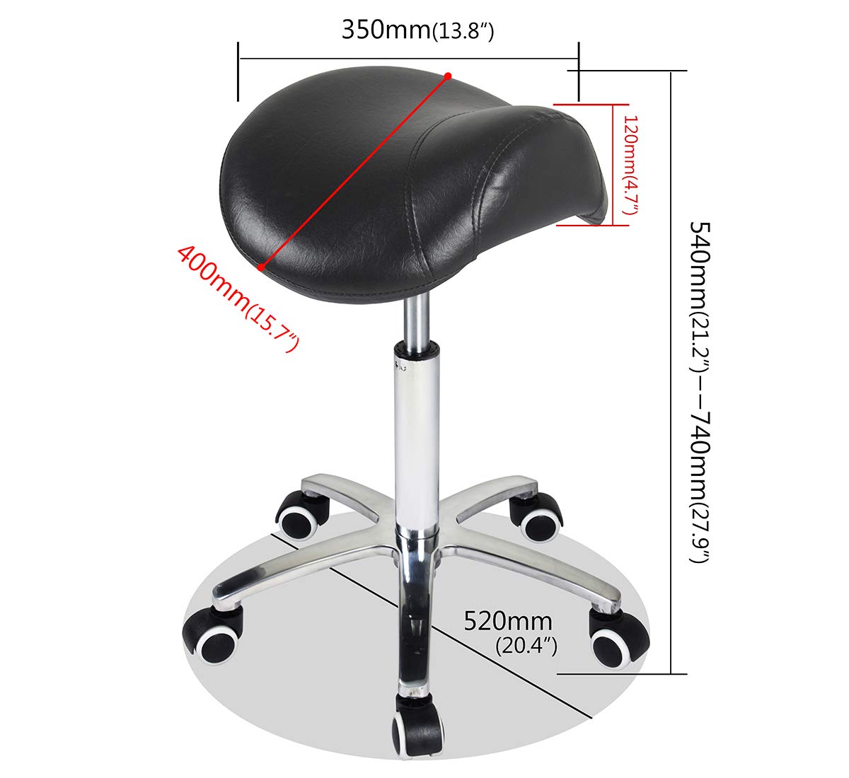 Antlu Saddle Stool height adjustment ranges from 54 to 74 cm for flexibility