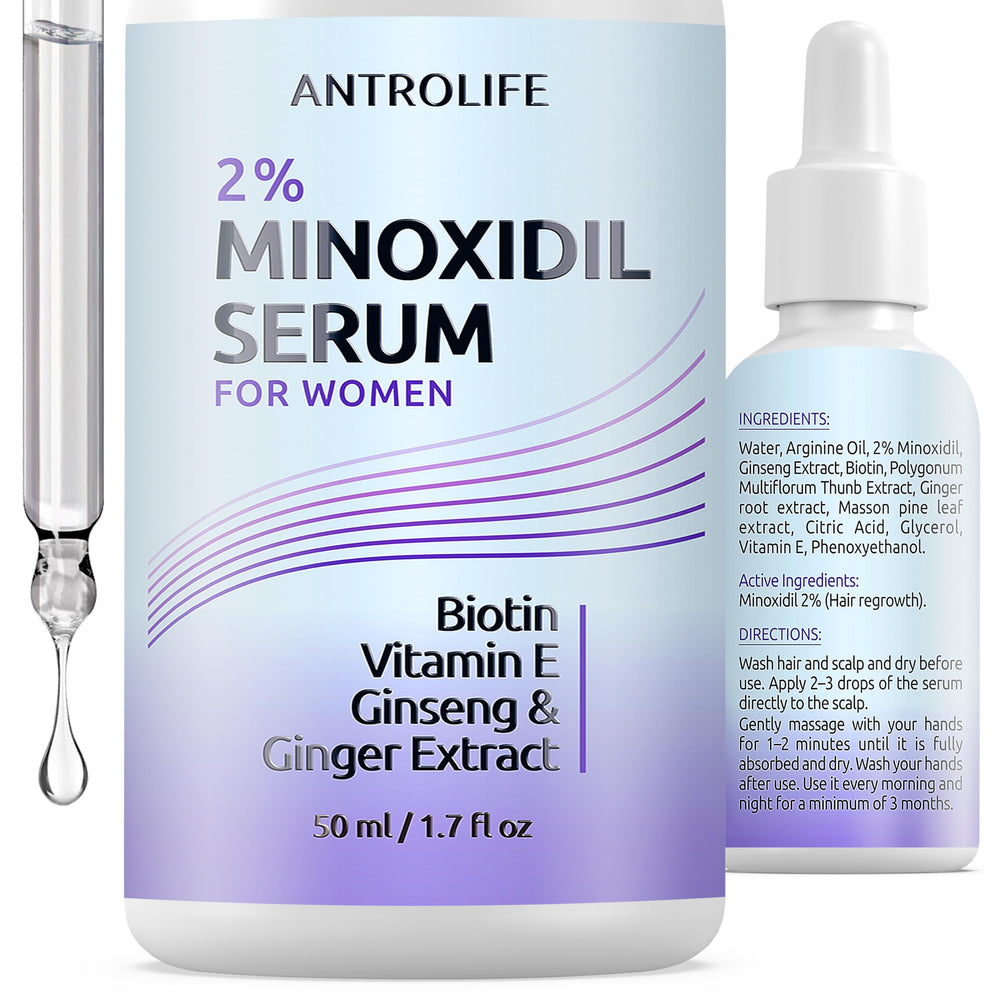 ANTROLIFE Minoxidil 2% bottle demonstrates hair regrowth support for women.