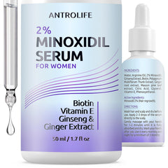 ANTROLIFE Minoxidil 2% bottle demonstrates hair regrowth support for women.