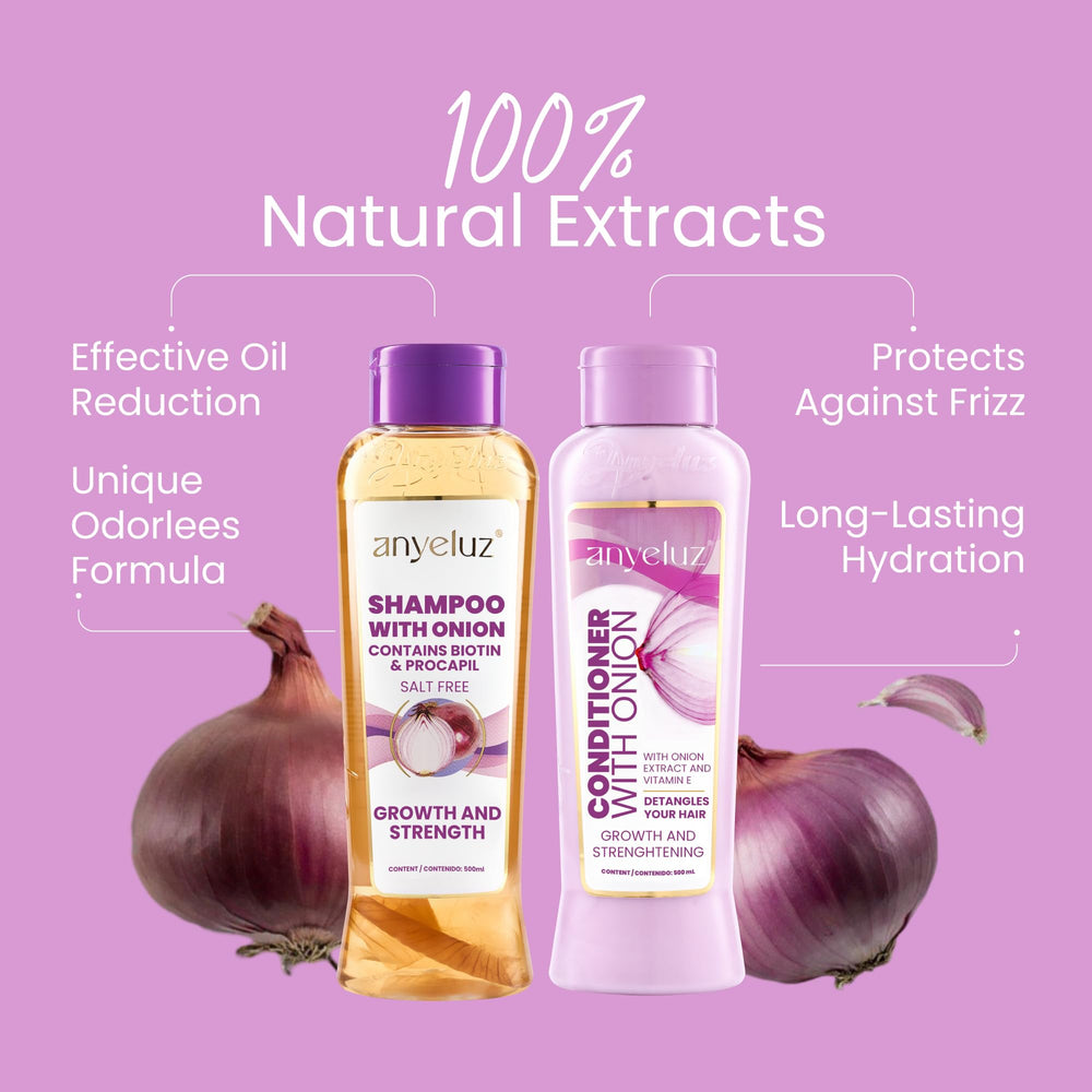Anyeluz Onion Shampoo label closeup emphasizing salt- and parabens-free formula