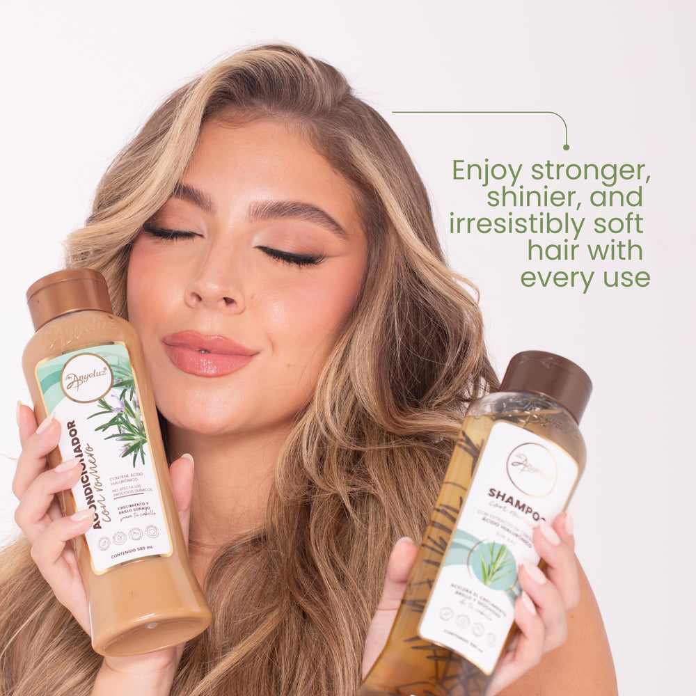 Anyeluz Rosemary Shampoo bottle close-up emphasizes natural shine and vitality.