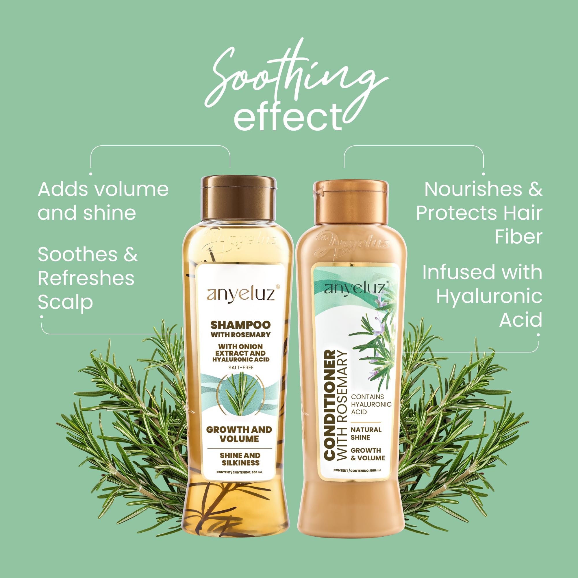 ANYELUZ rosemary shampoo-conditioner set on display for a coordinated hair care routine