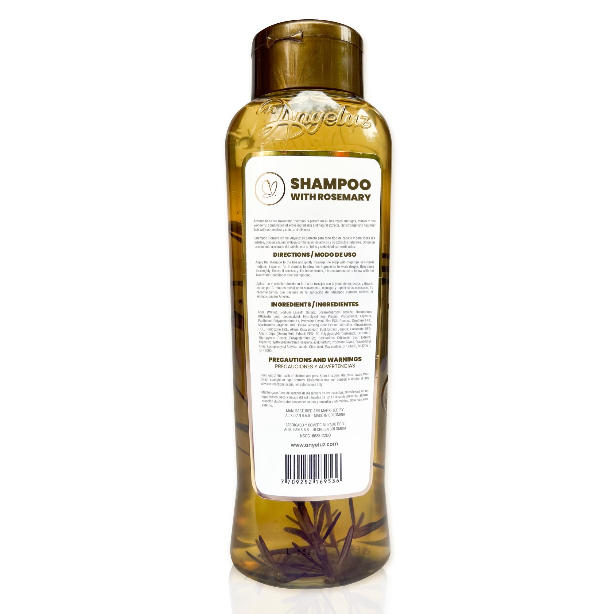Anyeluz Rosemary Shampoo packaging highlights natural, chemical-free formula.