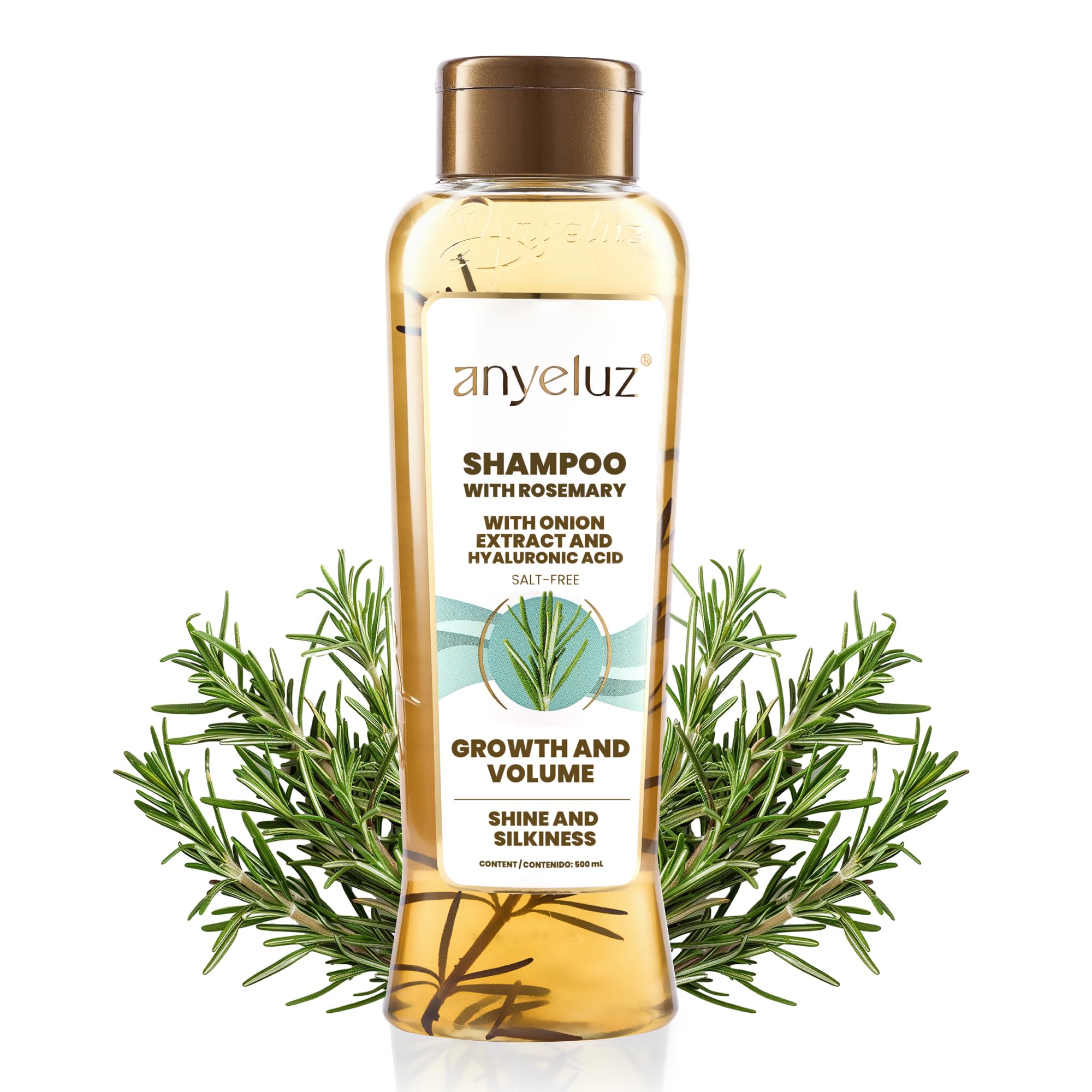 Anyeluz Rosemary Shampoo packaging highlights a natural formula for daily use.