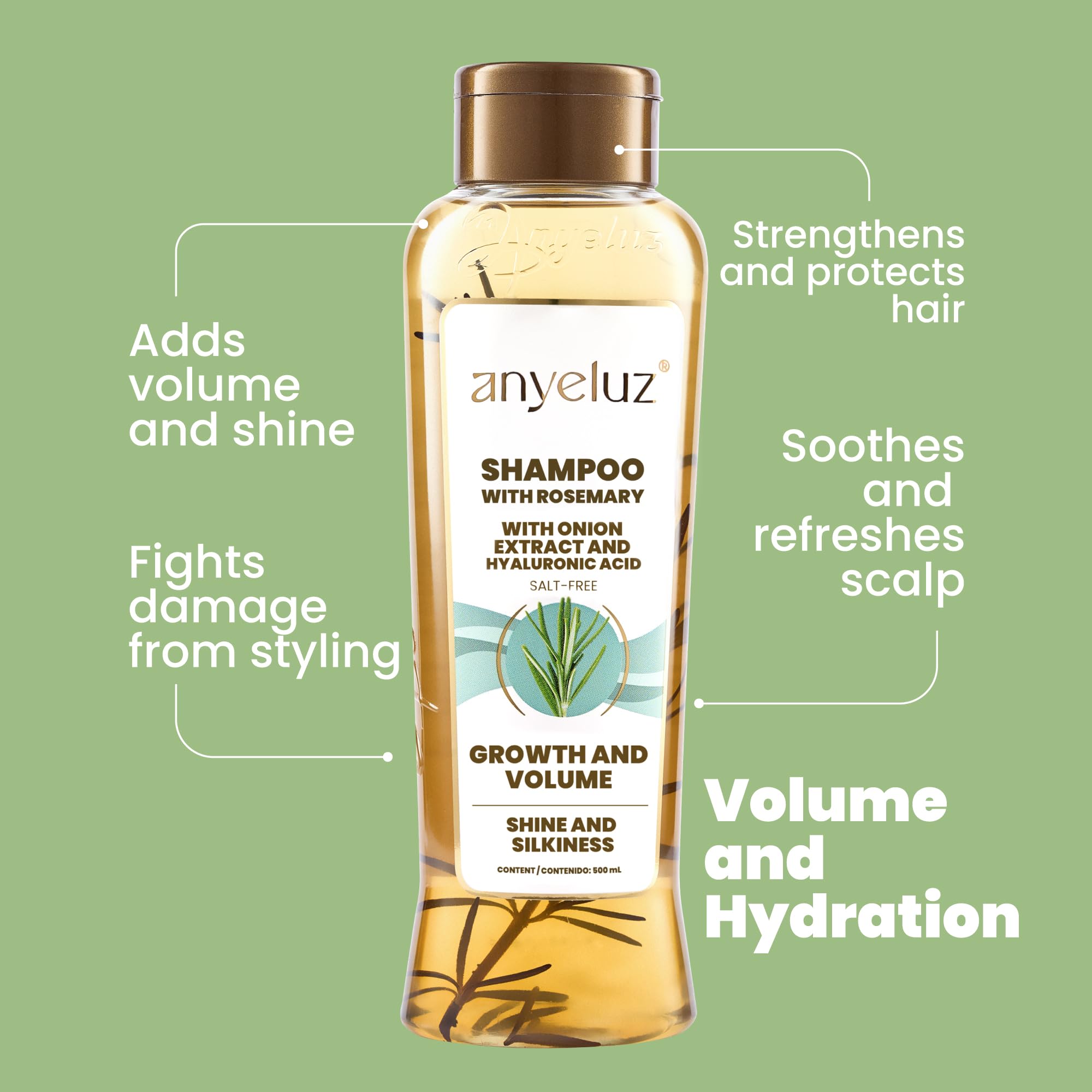 Anyeluz Rosemary Shampoo shot shows added volume and body.
