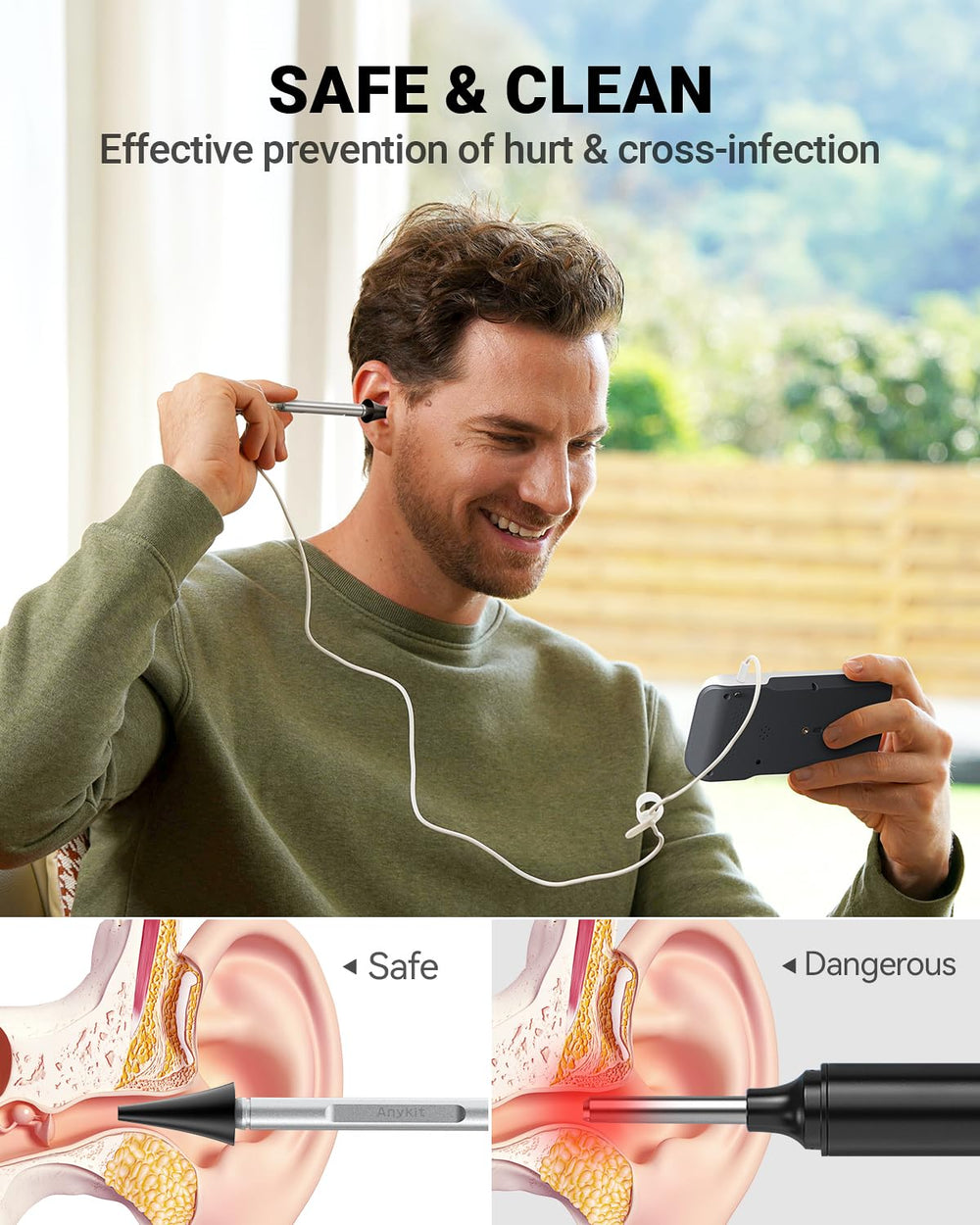 Anykit otoscope 3-9mm camera probe captures detailed canal shots for wax assessment.