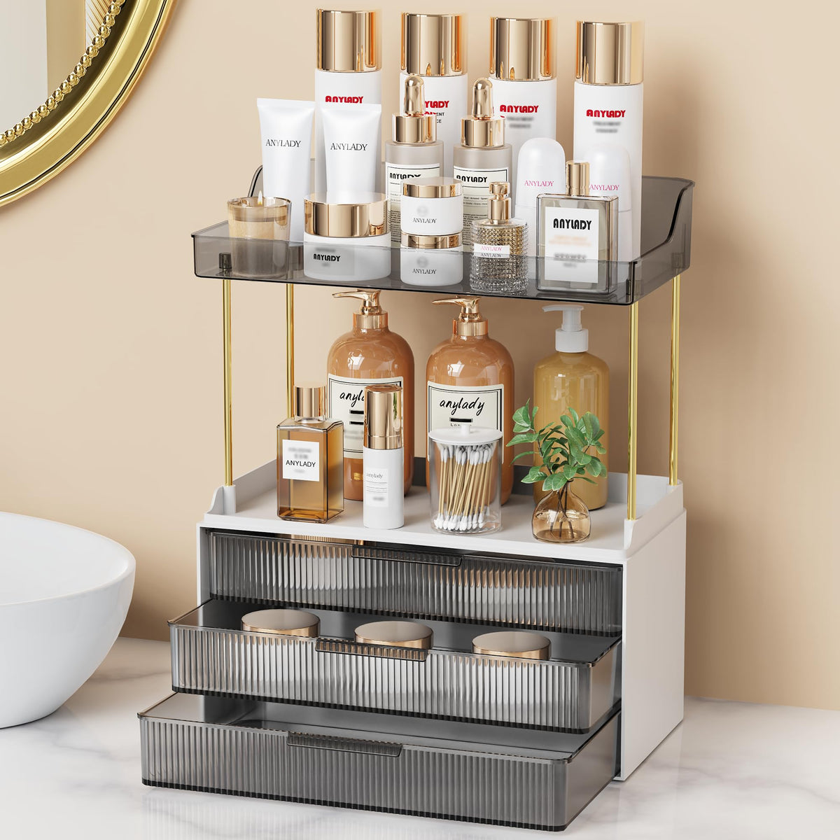 Anylady bathroom organizer with sturdy frame provides stable vanity storage for cosmetics.
