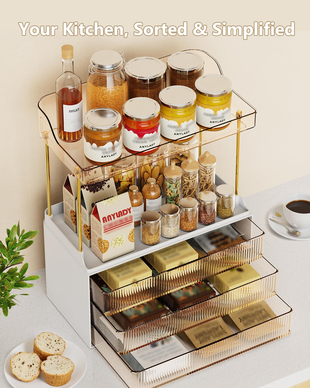 Anylady gold-finish organizer blends style with practical top trays and drawers.