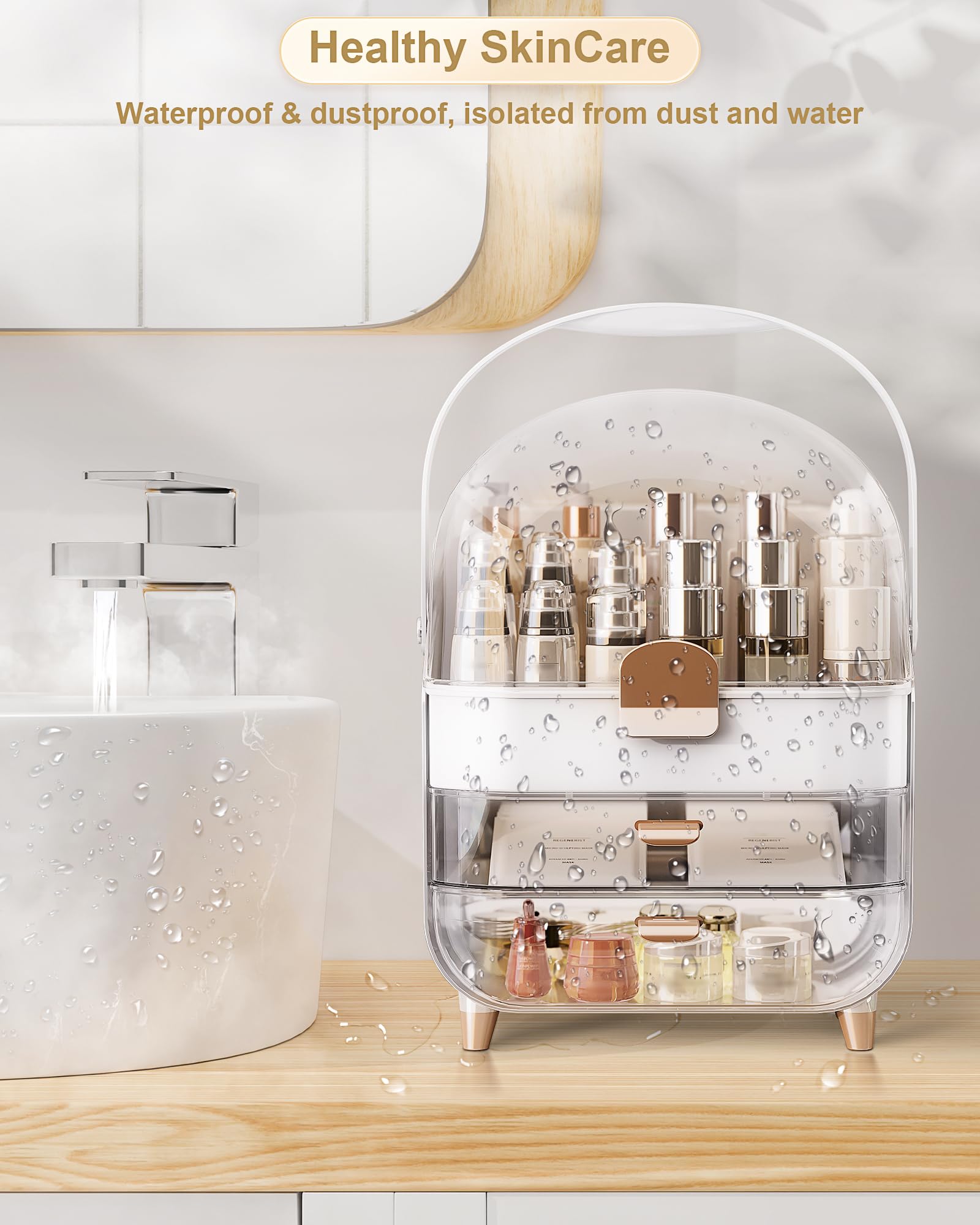 Anylady dust-proof makeup organizer in rose gold reducing countertop clutter.