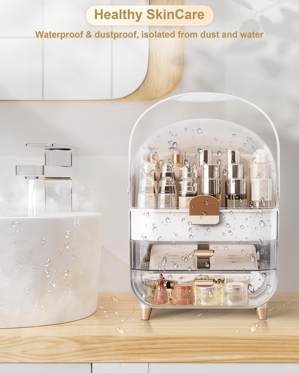 Anylady dust-proof makeup organizer in rose gold reducing countertop clutter.