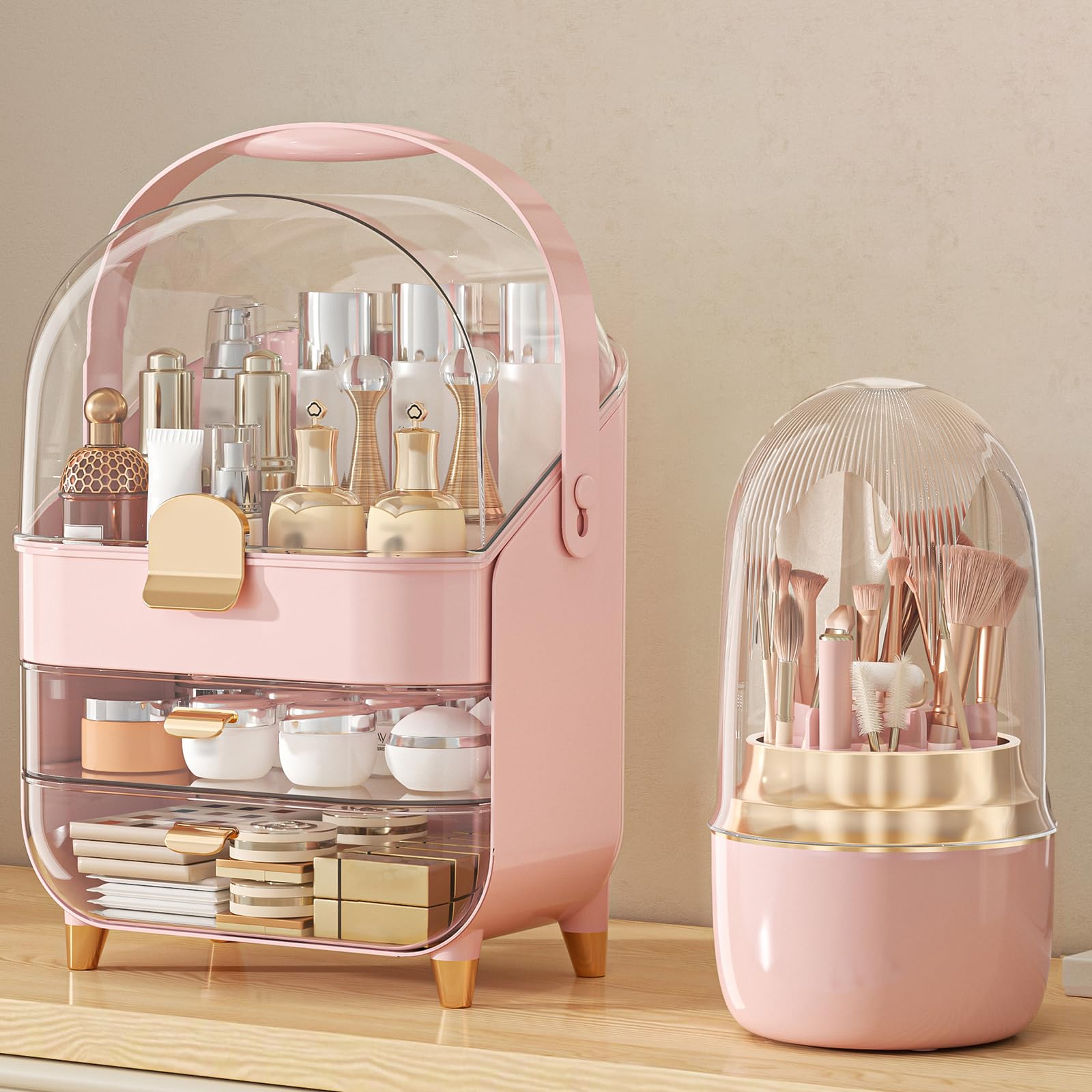 Anylady makeup organizer 3-tier pink showcases cosmetics for quick access and tidy vanity.