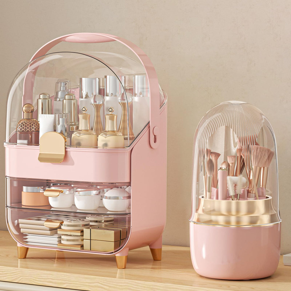 Anylady makeup organizer 3-tier pink showcases cosmetics for quick access and tidy vanity.