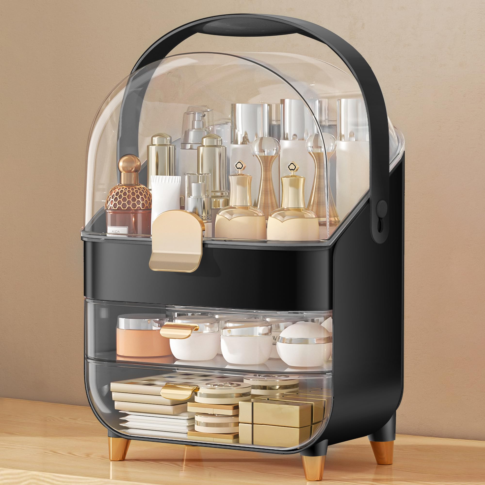 Anylady makeup organizer countertop black front view showing spacious three-tier storage