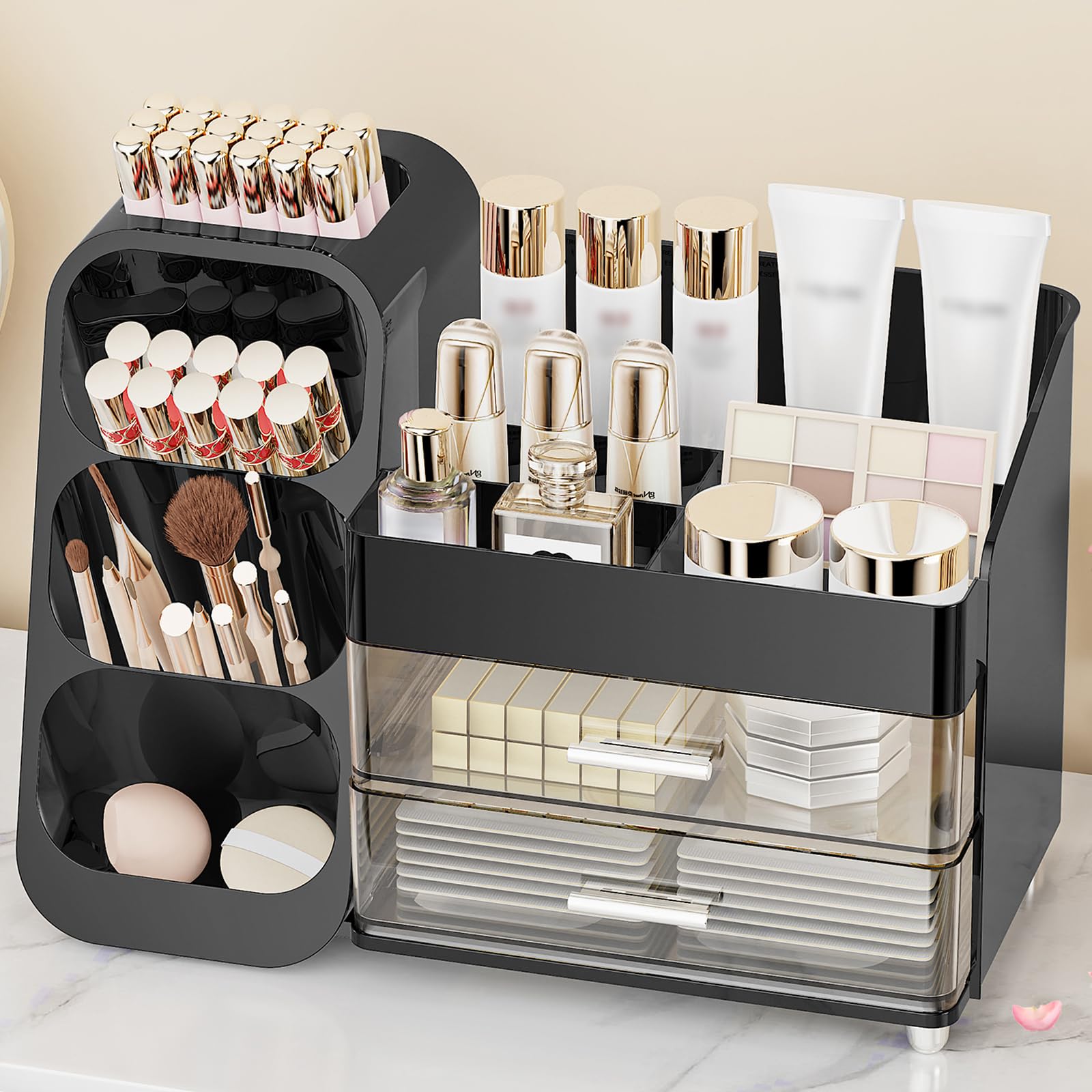 Anylady makeup organizer drawers shows roomy storage for cosmetics and brushes, keeping vanity tidy.