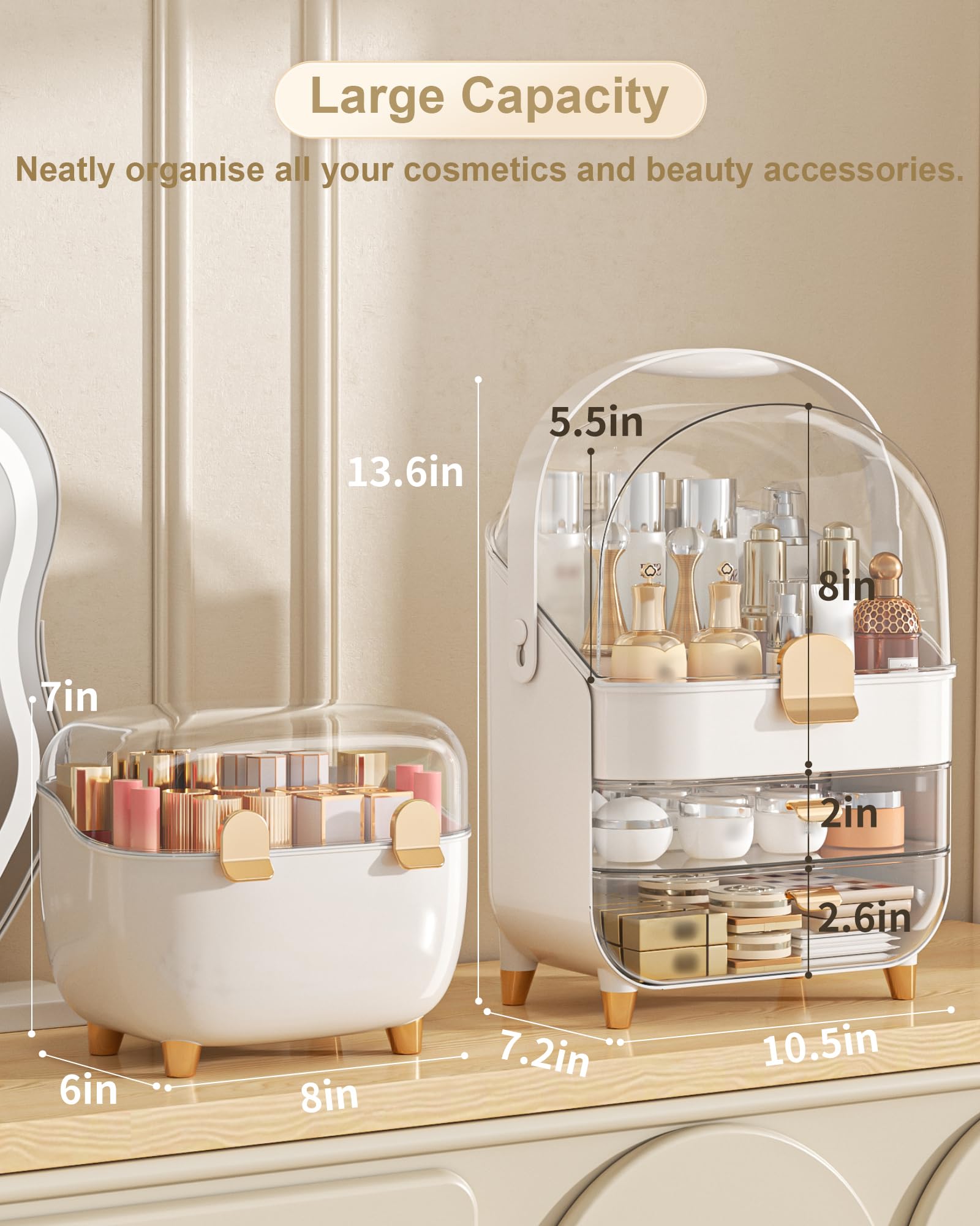 Anylady rose gold makeup organizer with drawer display for easy access and tidy vanity.