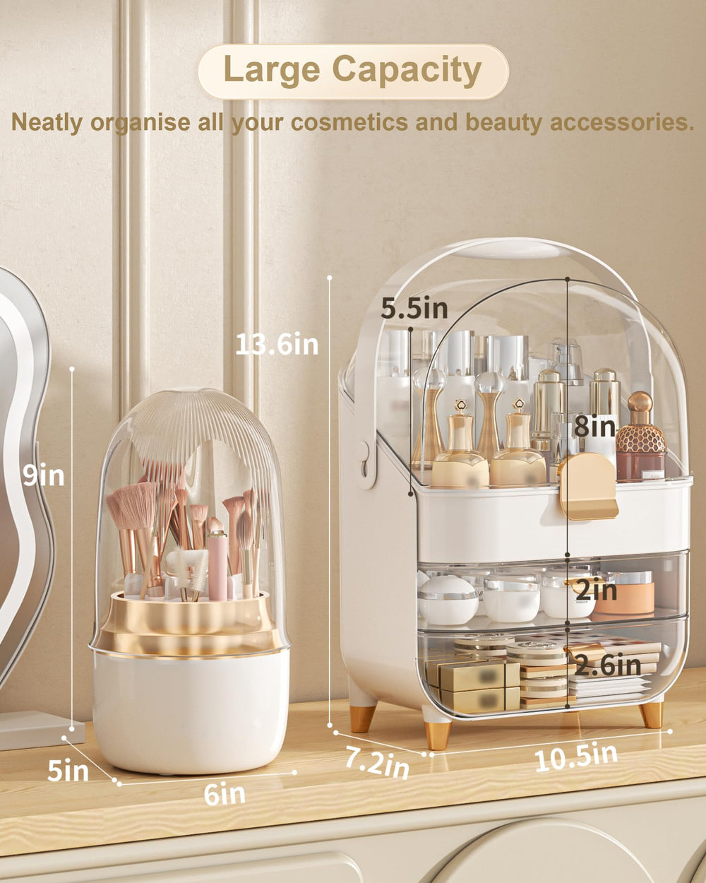 Anylady makeup organizer rose gold drawer-open view for quick item access