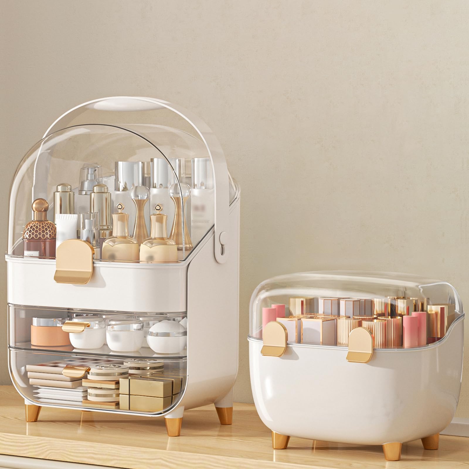 Anylady makeup organizer in rose gold, front view, showing spacious storage for cosmetics and skincare.