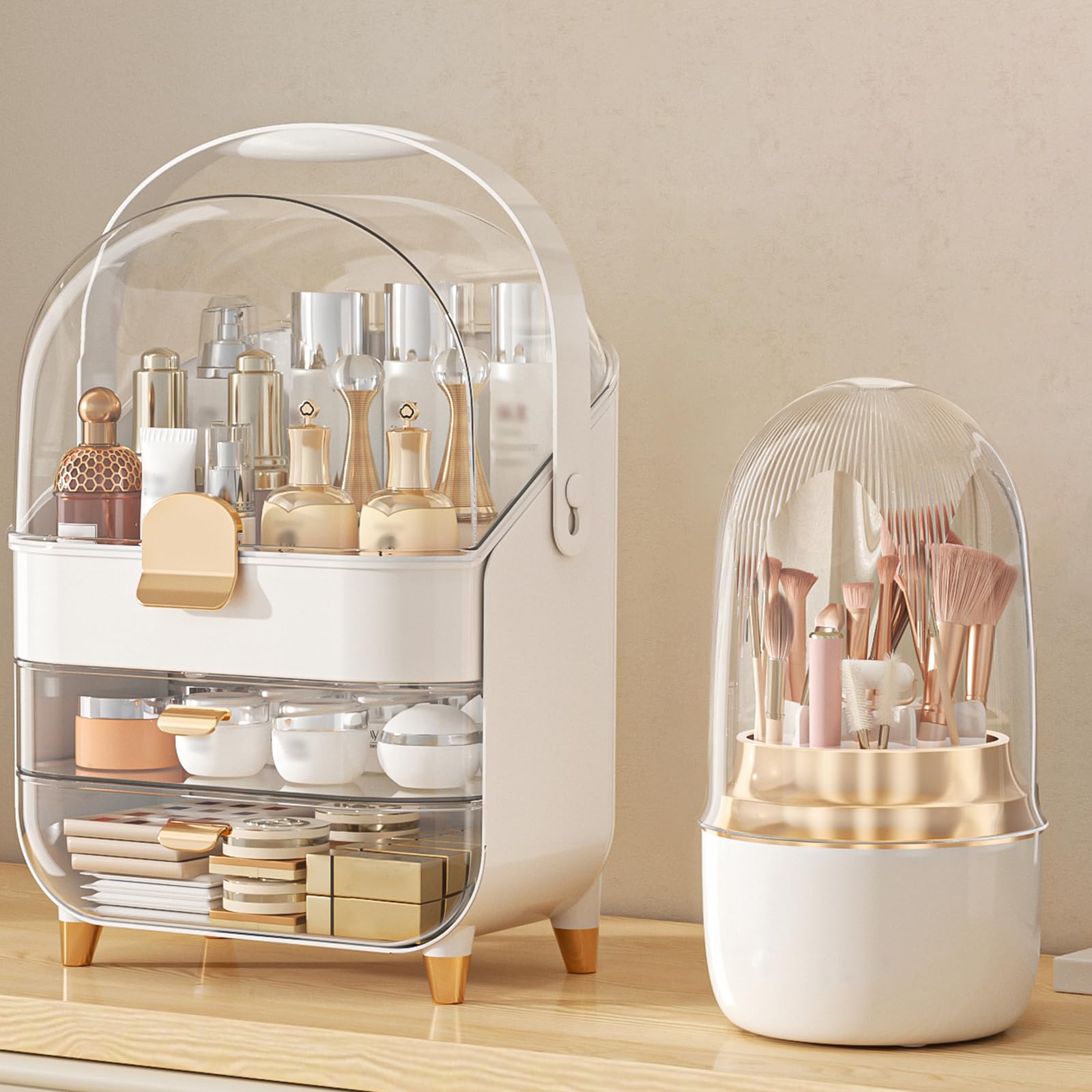 Anylady makeup organizer rose gold front view shows spacious three-tier storage for cosmetics