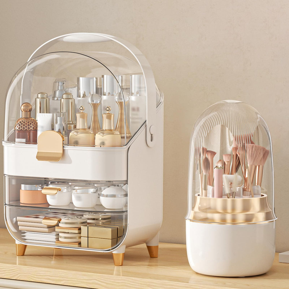 Anylady makeup organizer rose gold front view shows spacious three-tier storage for cosmetics