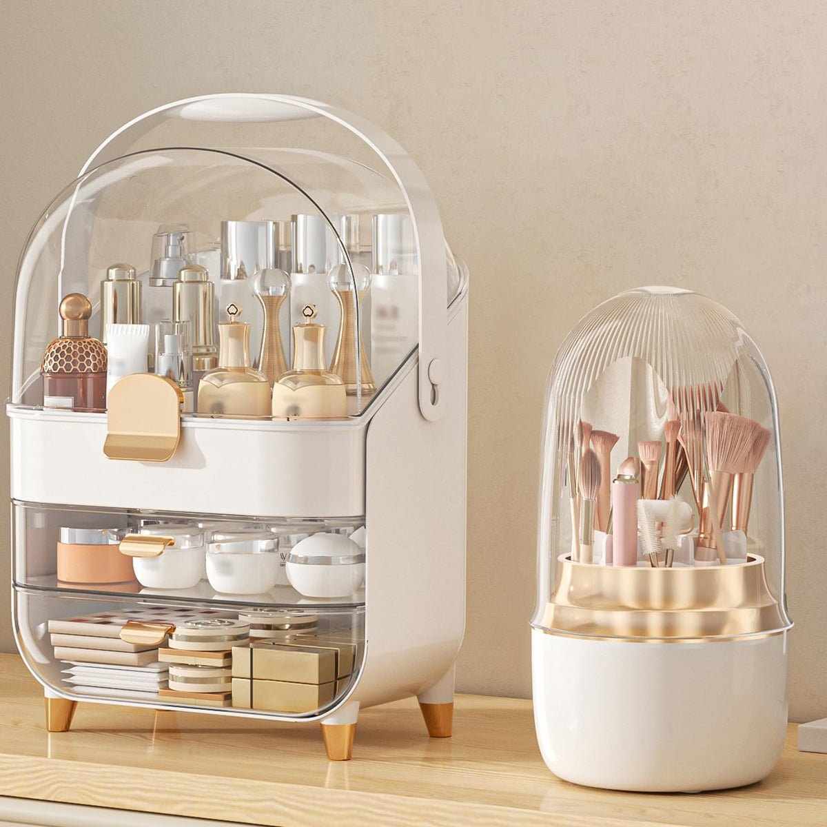 Anylady makeup organizer rose gold front view shows spacious three-tier storage for cosmetics