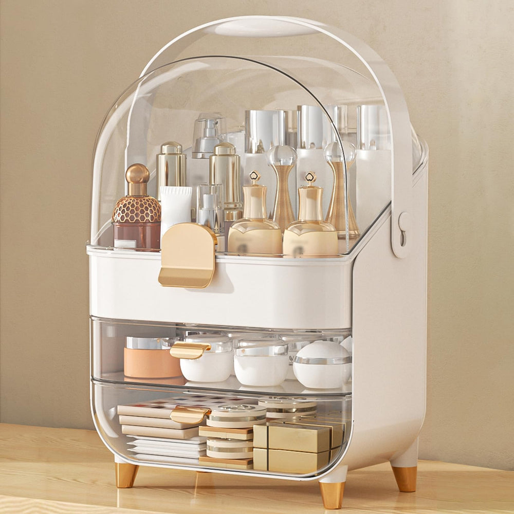 Anylady makeup organizer rose gold front view for decluttering vanity and quick finds.
