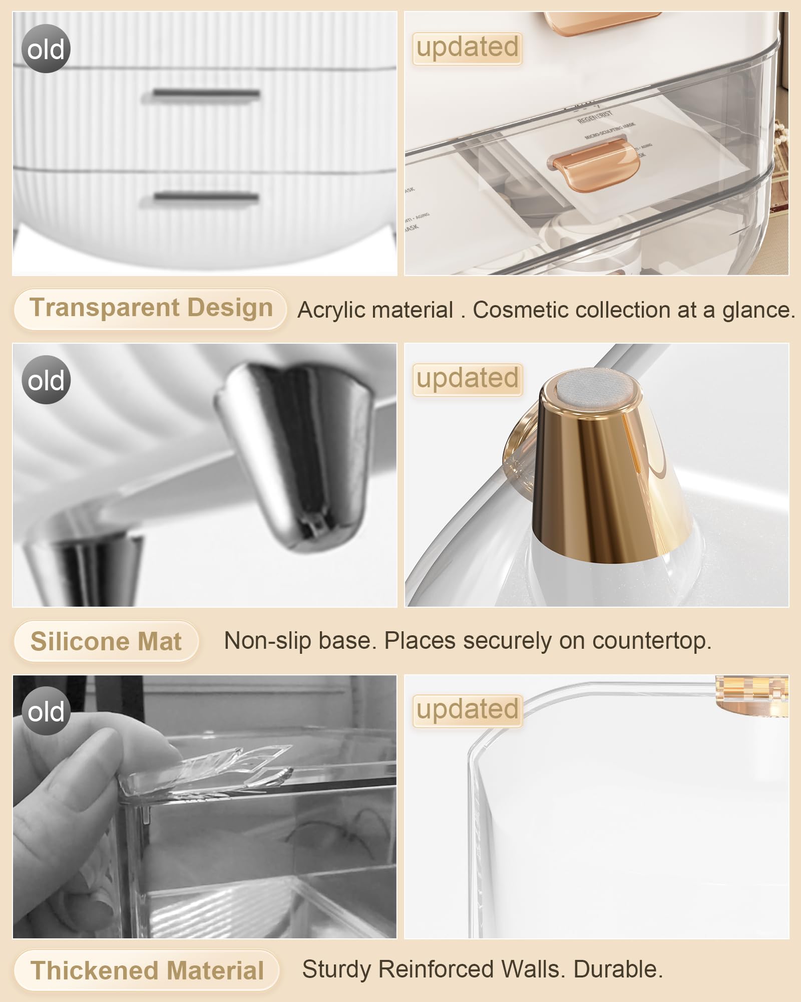 Anylady rose gold makeup organizer top-angle view highlighting transparent lid and organization.