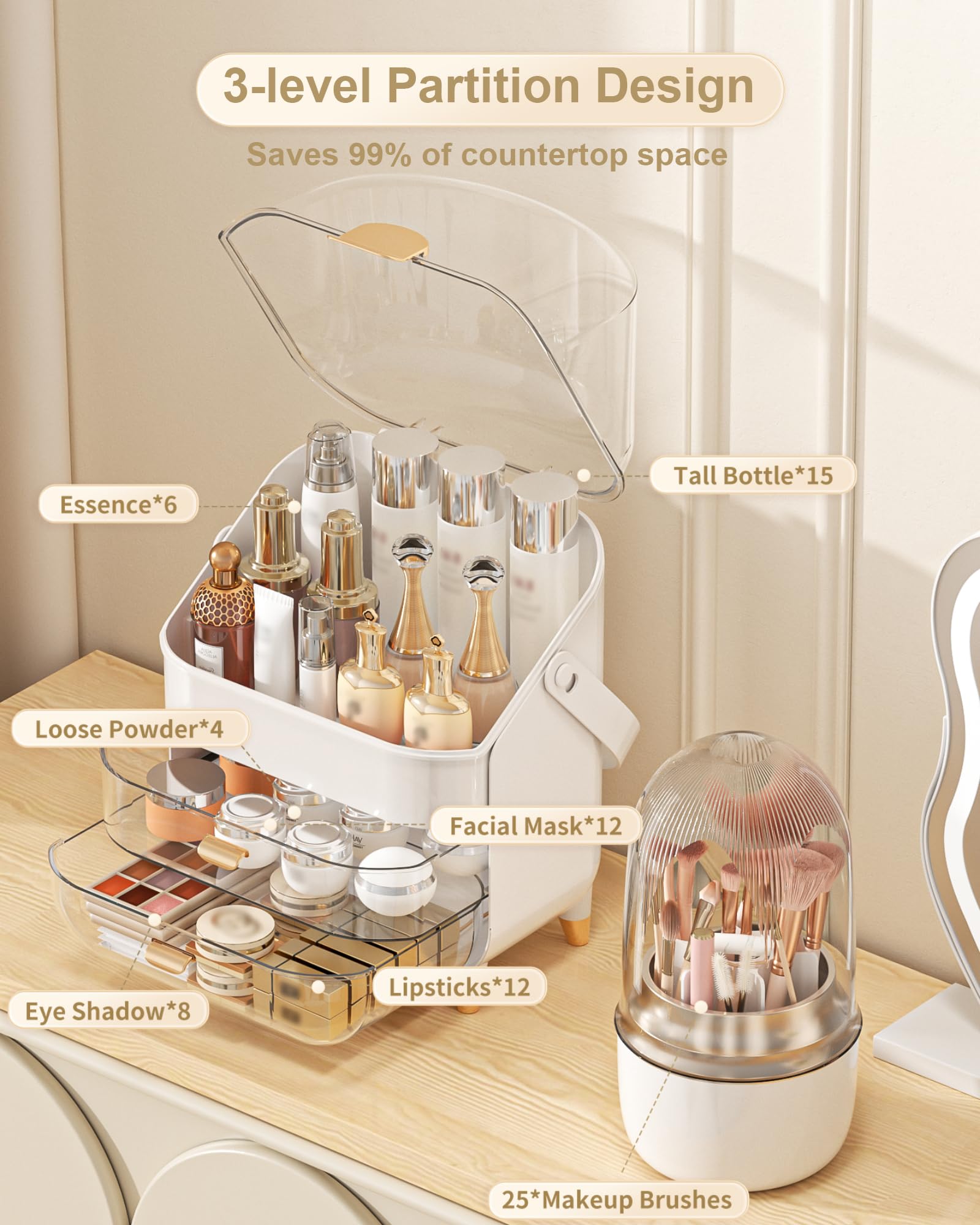 Anylady makeup organizer rose gold top view highlights tall bottles and lipsticks