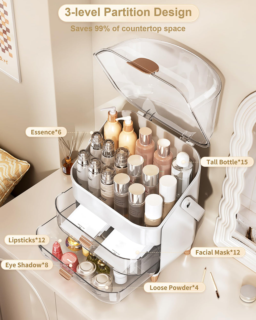 Anylady makeup organizer rose gold top view highlighting three-tier visibility.