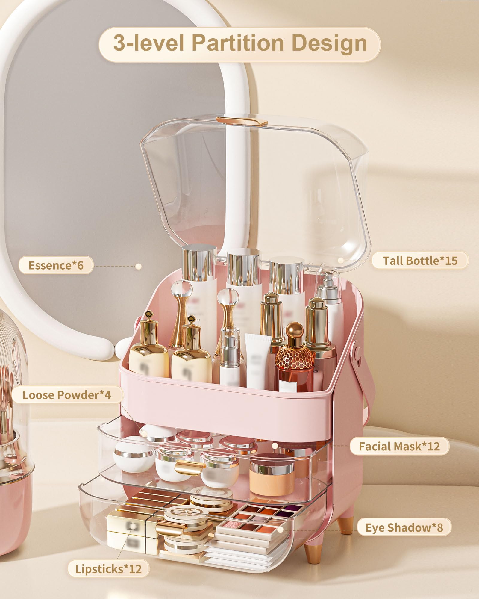 Anylady makeup organizer top view highlights tidy drawers and transparent lid