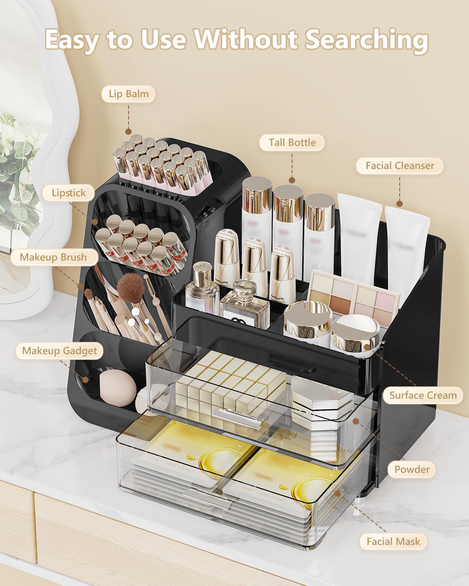 Anylady makeup organizer vanity dresser keeps brushes and palettes organized for quick makeup sessions.