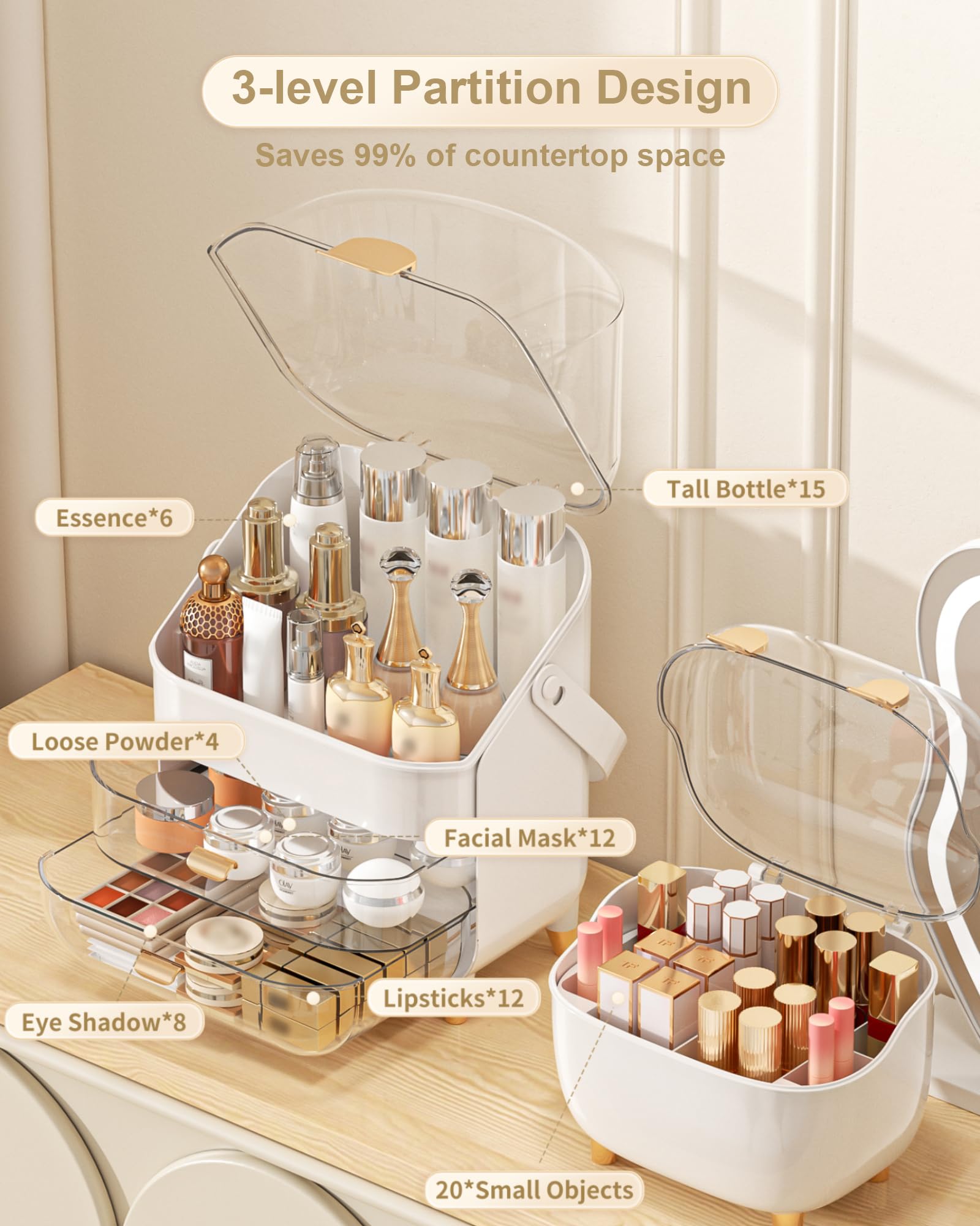 Anylady skincare organizer storage box in rose gold holding tall bottles upright.