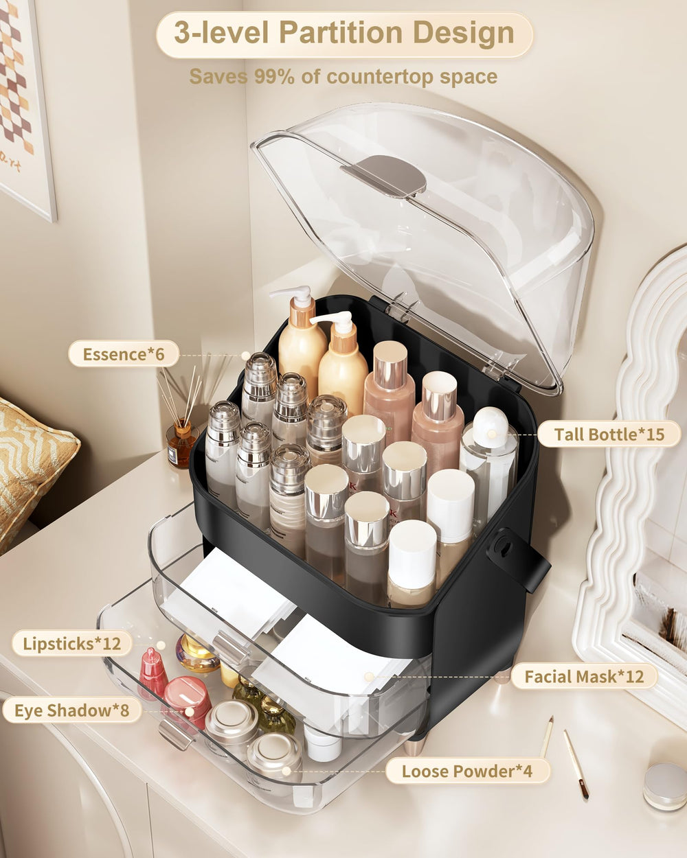 Anylady vanity storage box with dust-proof design to keep brushes clean
