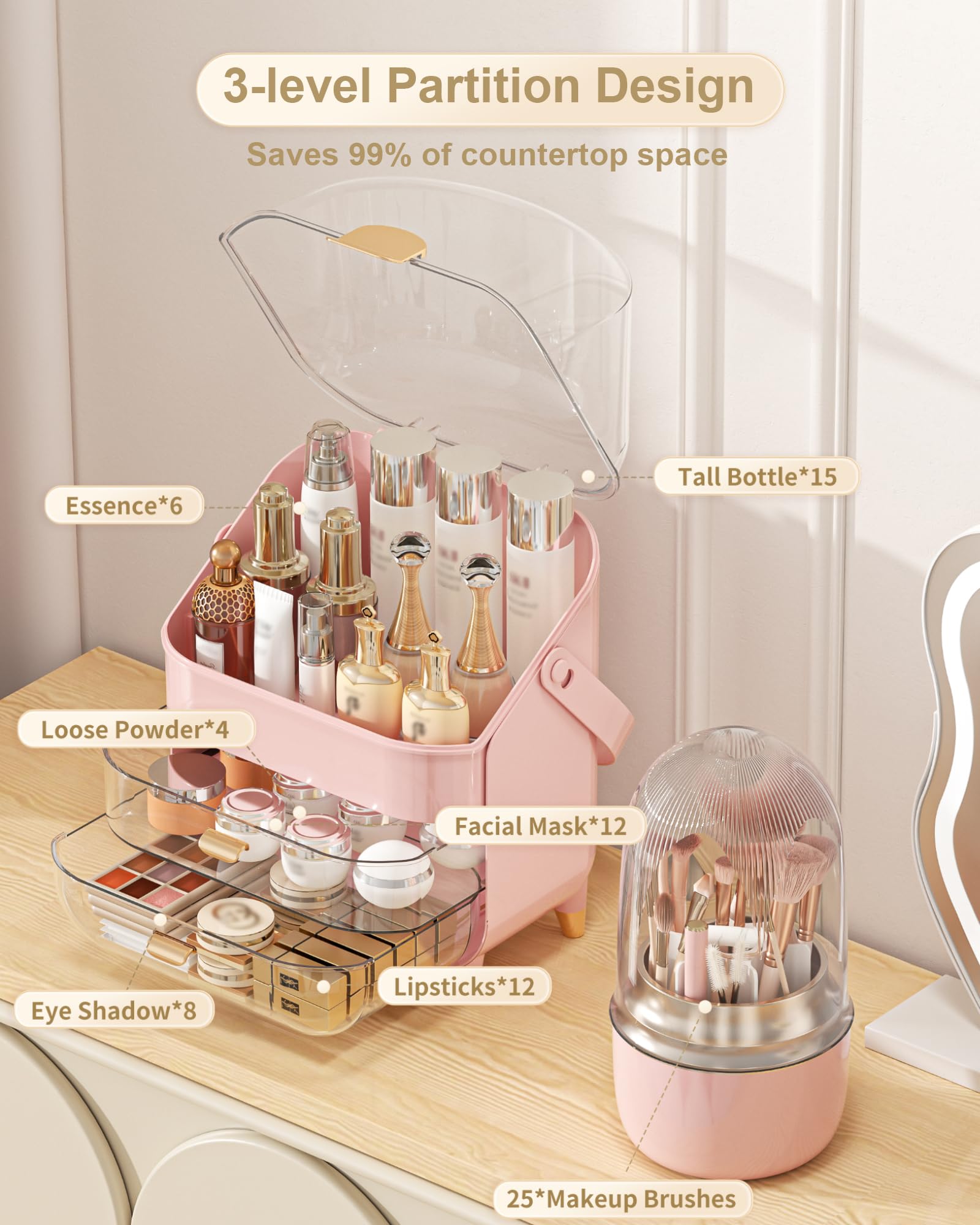 Anylady vanity storage drawer access highlights items for faster morning routines.
