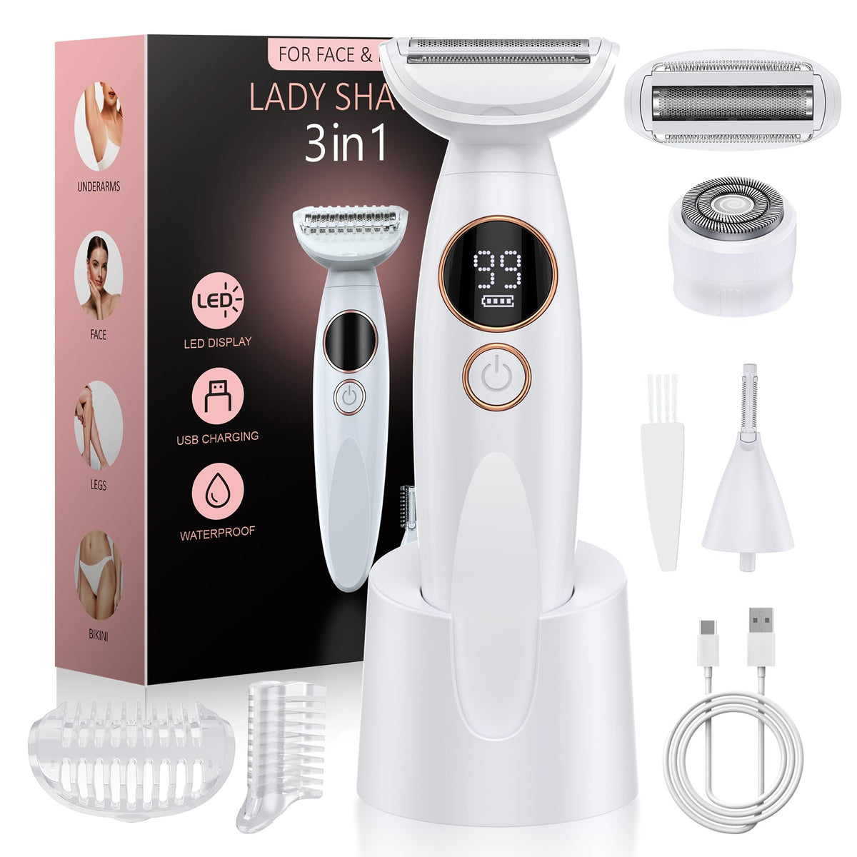 ANYLIV 3in1 bikini trimmer display with battery status for travel grooming.