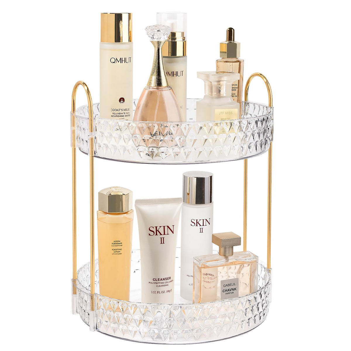 Anyoifax rotating makeup organizer on vanity showing 360° access for cosmetics.