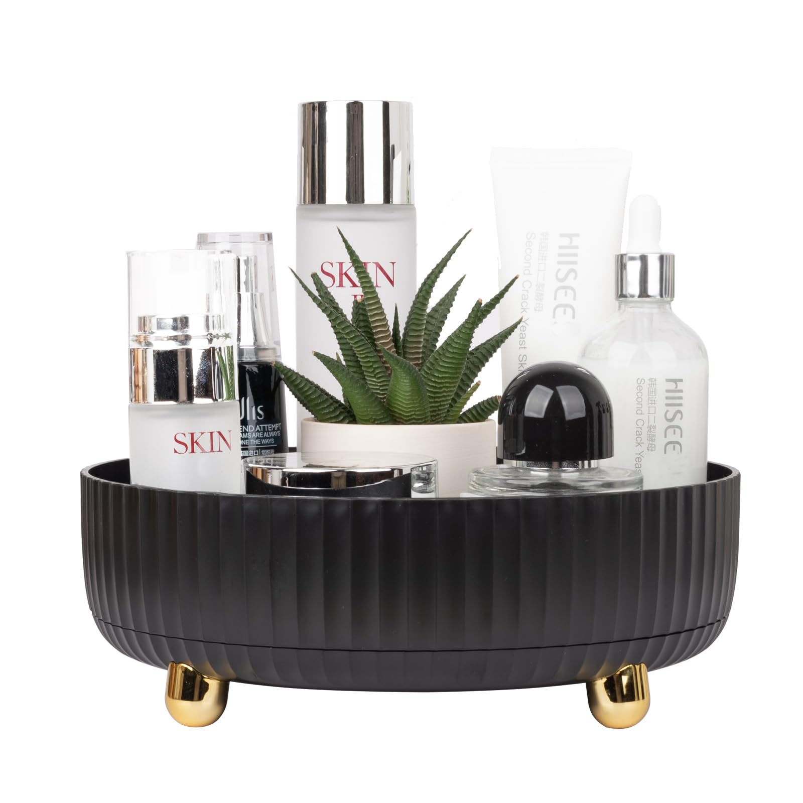 Anyoifax small black makeup organizer 360° rotating for easy access to cosmetics.