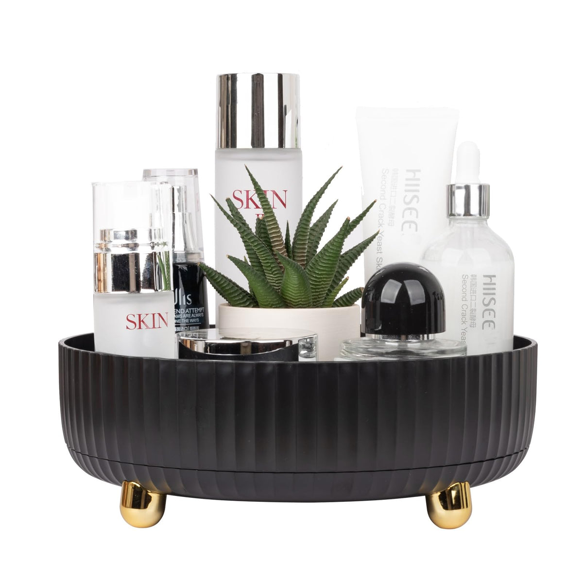 Anyoifax small black makeup organizer 360° rotating for easy access to cosmetics.