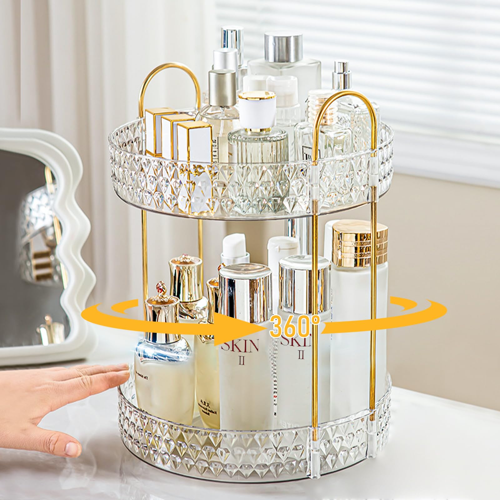 Anyoifax two-tier perfume storage keeps bottles neatly arranged on a sturdy stand.