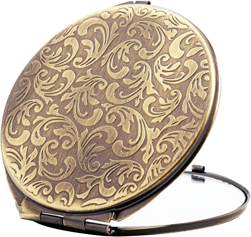 ANZHUO retro bronze compact mirror showing folding design for travel