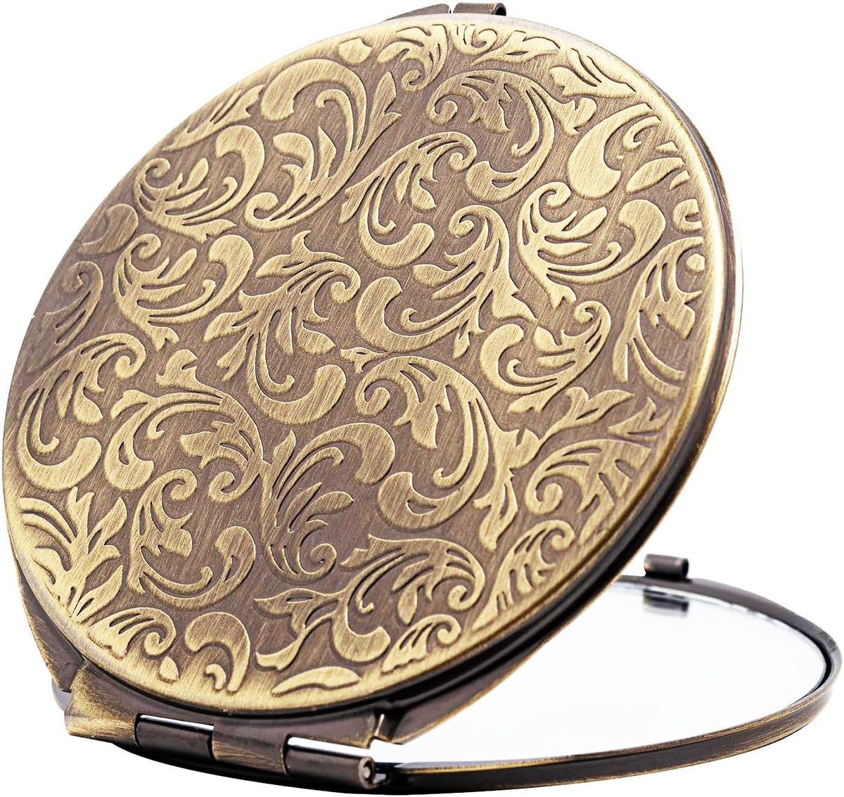 ANZHUO retro bronze compact mirror showing folding design for travel