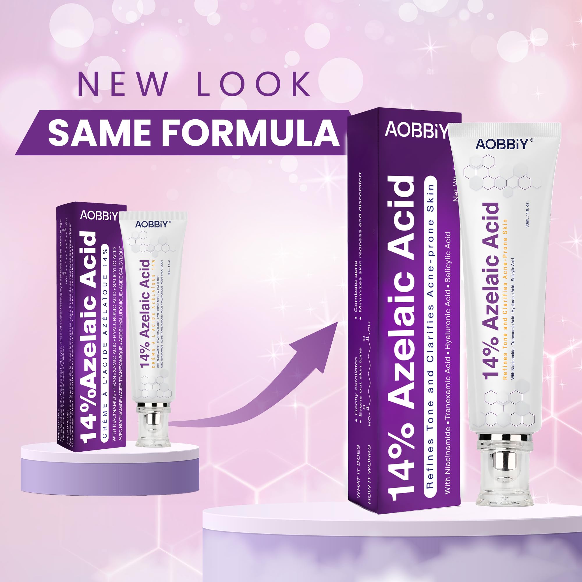 AOBBIY Azelaic Cream 1oz size on bathroom shelf suggests quick use.
