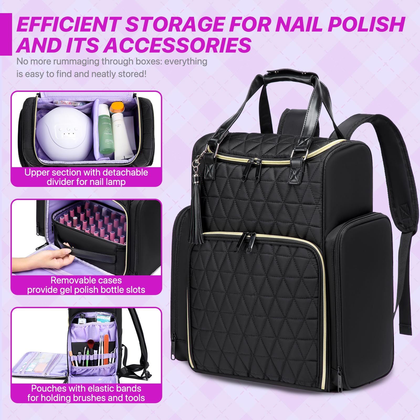 Aocrin nail bag organizer case backpack open layout with lamp access.